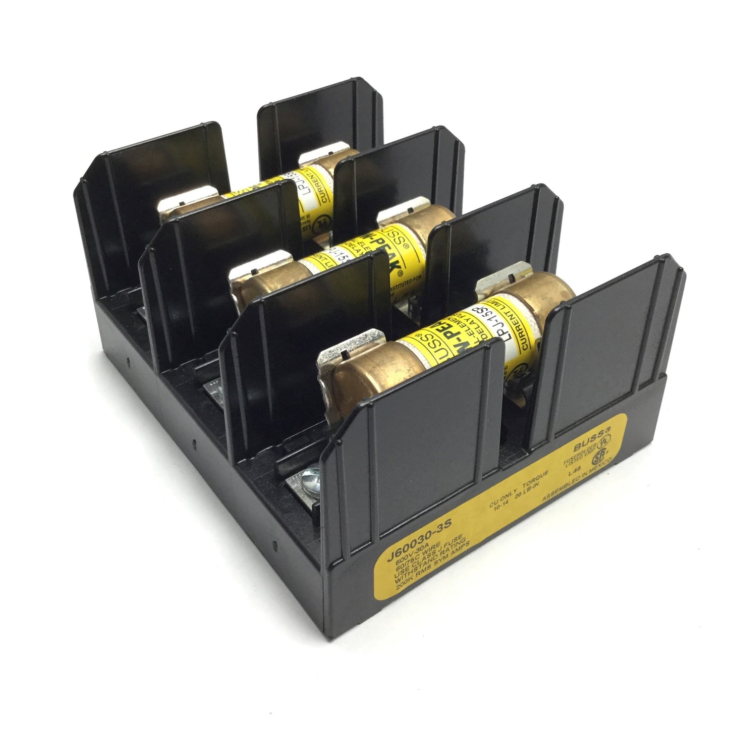 Used Bussmann J60030-3S 3-Pole Fuse Holder, With 3x LPJ-15SP Fuses 15A 600VAC 300VDC