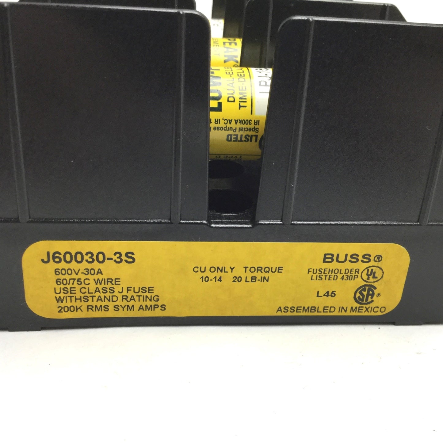 Used Bussmann J60030-3S 3-Pole Fuse Holder, With 3x LPJ-15SP Fuses 15A 600VAC 300VDC