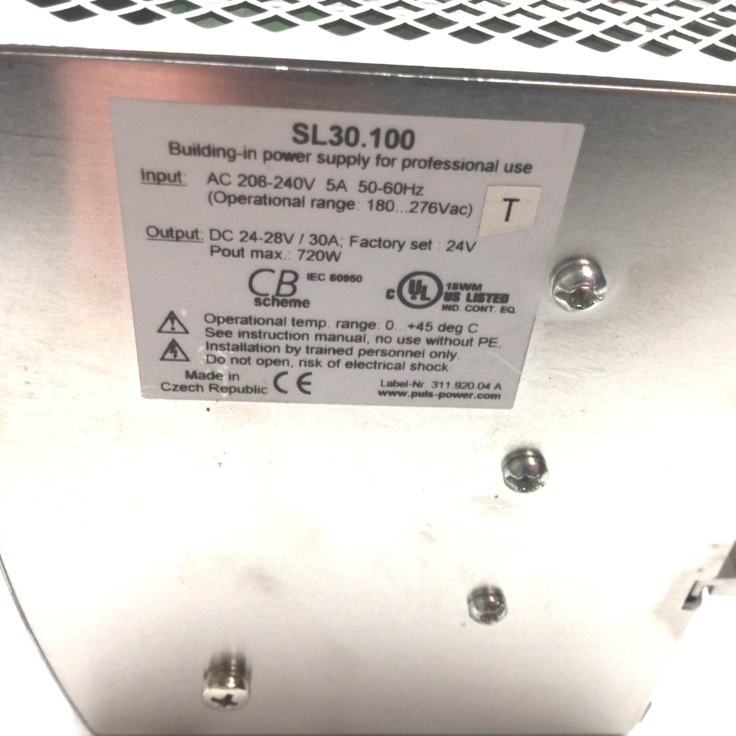 Used PULS SL30.100 Power Supply, Input: 208-240VAC 50-60Hz 10A, Output: 24VDC 30A