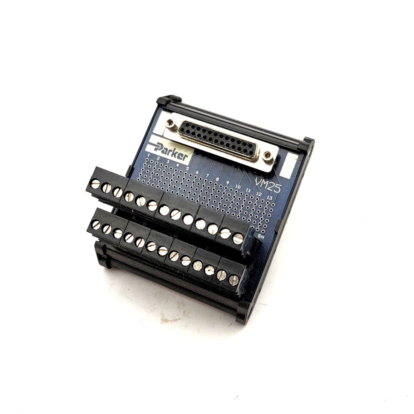 Used Parker VM25 PLC Breakout Board, 25-Pin D-Sub to Screw Terminals, DIN Rail Mount