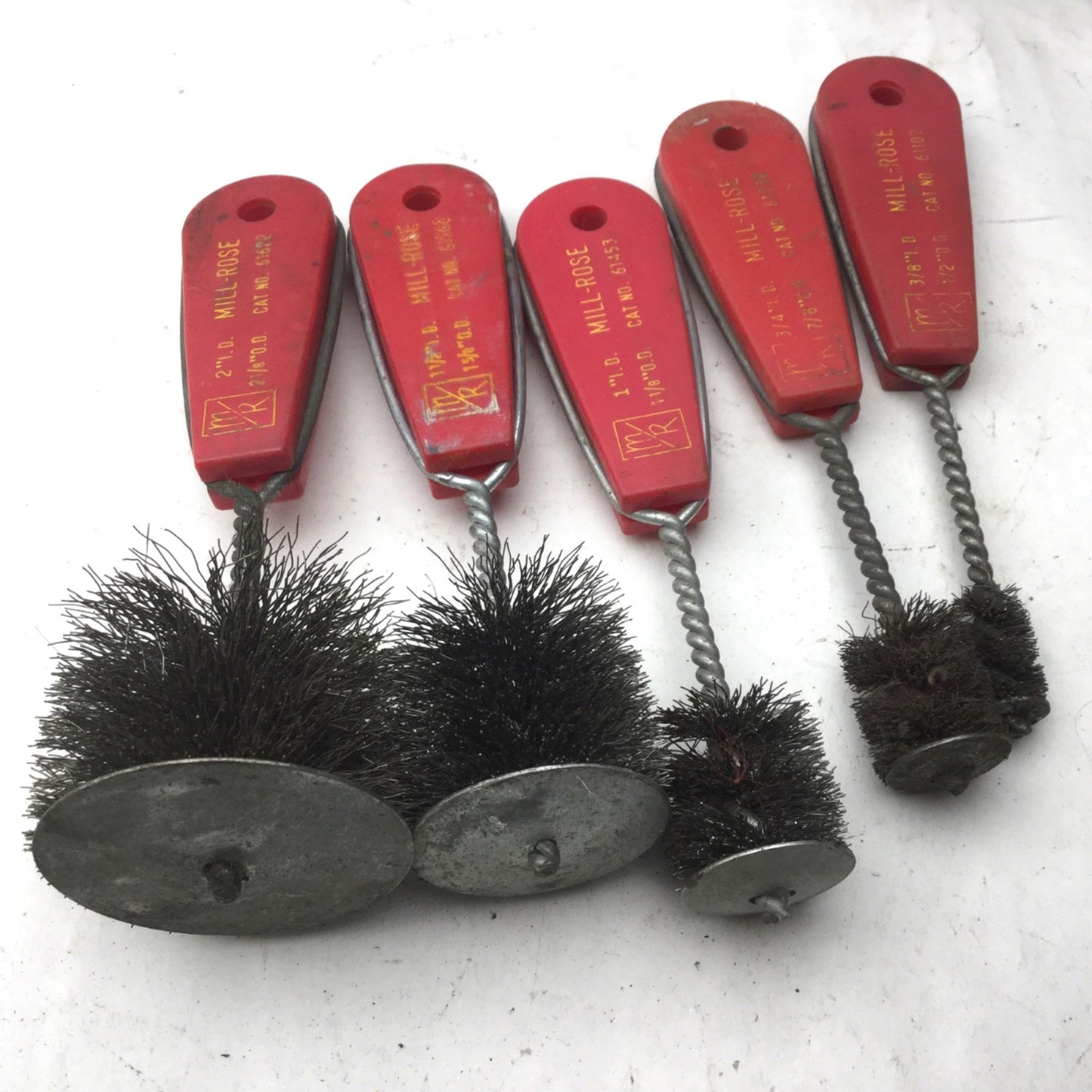 Used Lot of 5 Mill-Rose Metal Wire Fitting Brushes, 3/8", 3/4", 1", 1-1/2", 2" ID