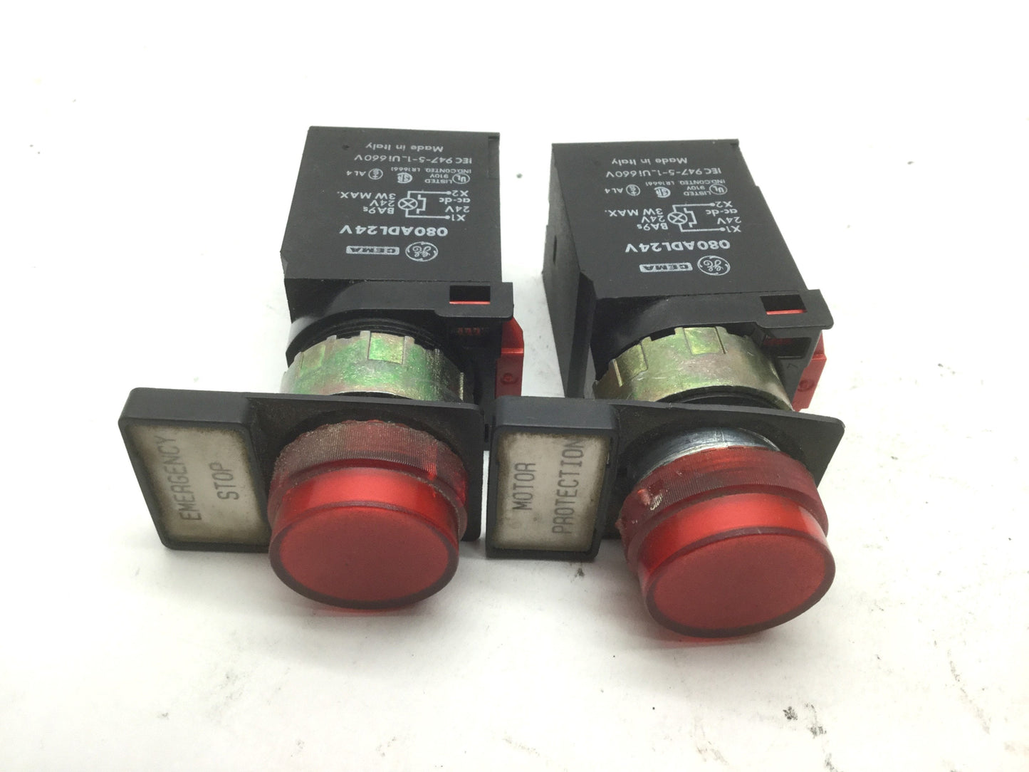 Used Lot of 2 General Electric 080ADL24V Red Pilot Lights, 24V AC/DC, 3W