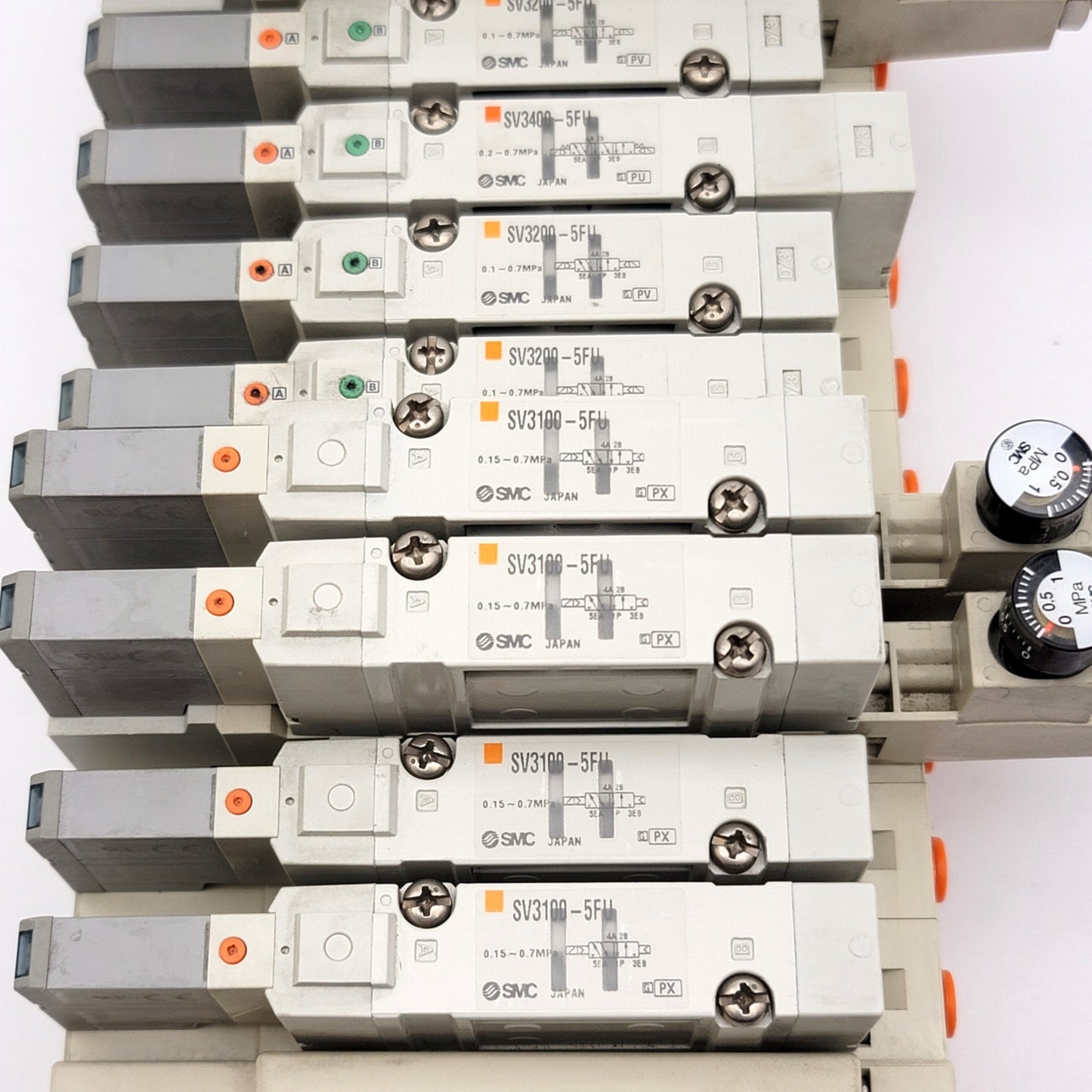 Used SMC Manifold With 10x 5-Port Solenoid Valves And 3x Interface Regulators