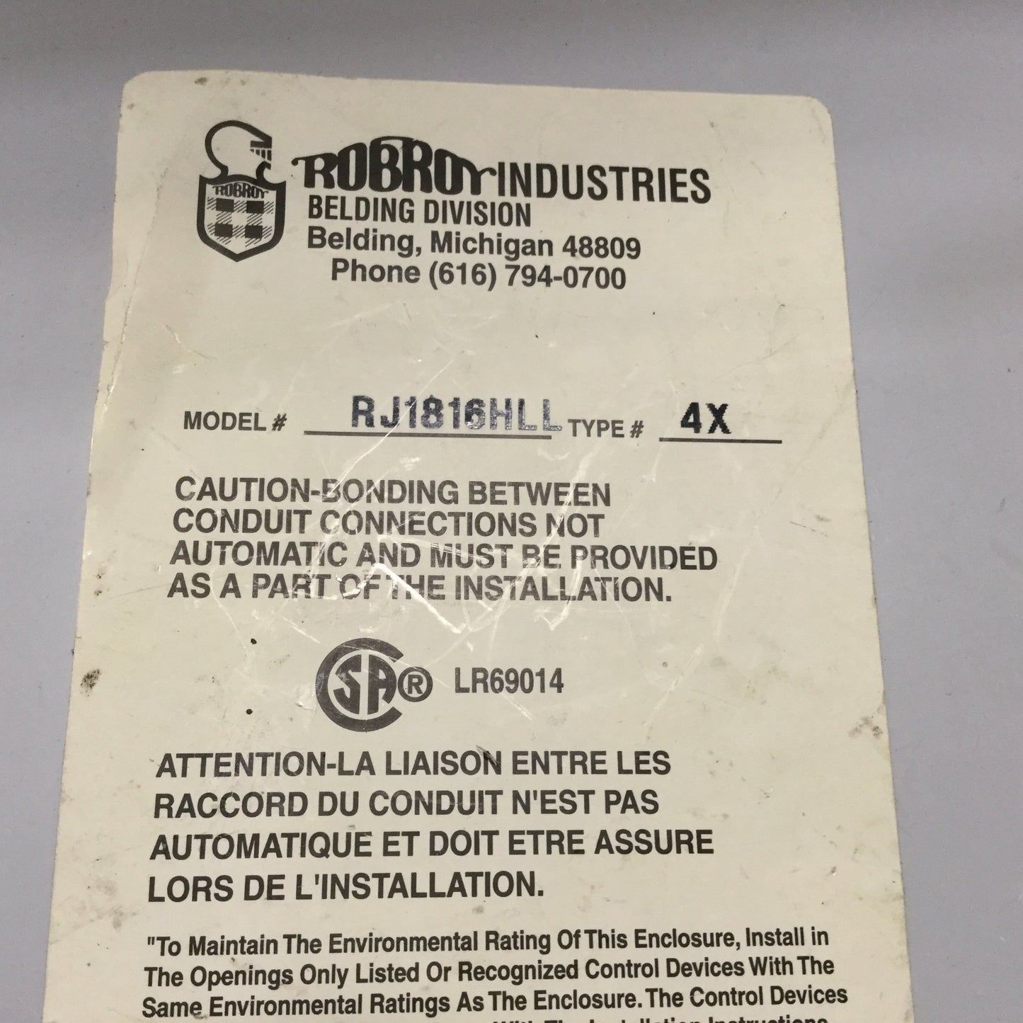 Used Robroy RJ1816HLL Electrical Enclosure, Fiberglass, 18" x 16" x 10", *Holes*