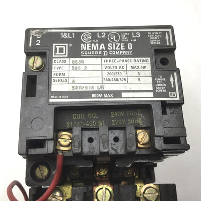 Used Square D 8536 SB02 Ser A Motor Starter Contactor 3-Pole Size 0, 3 Phase, 5hp Max