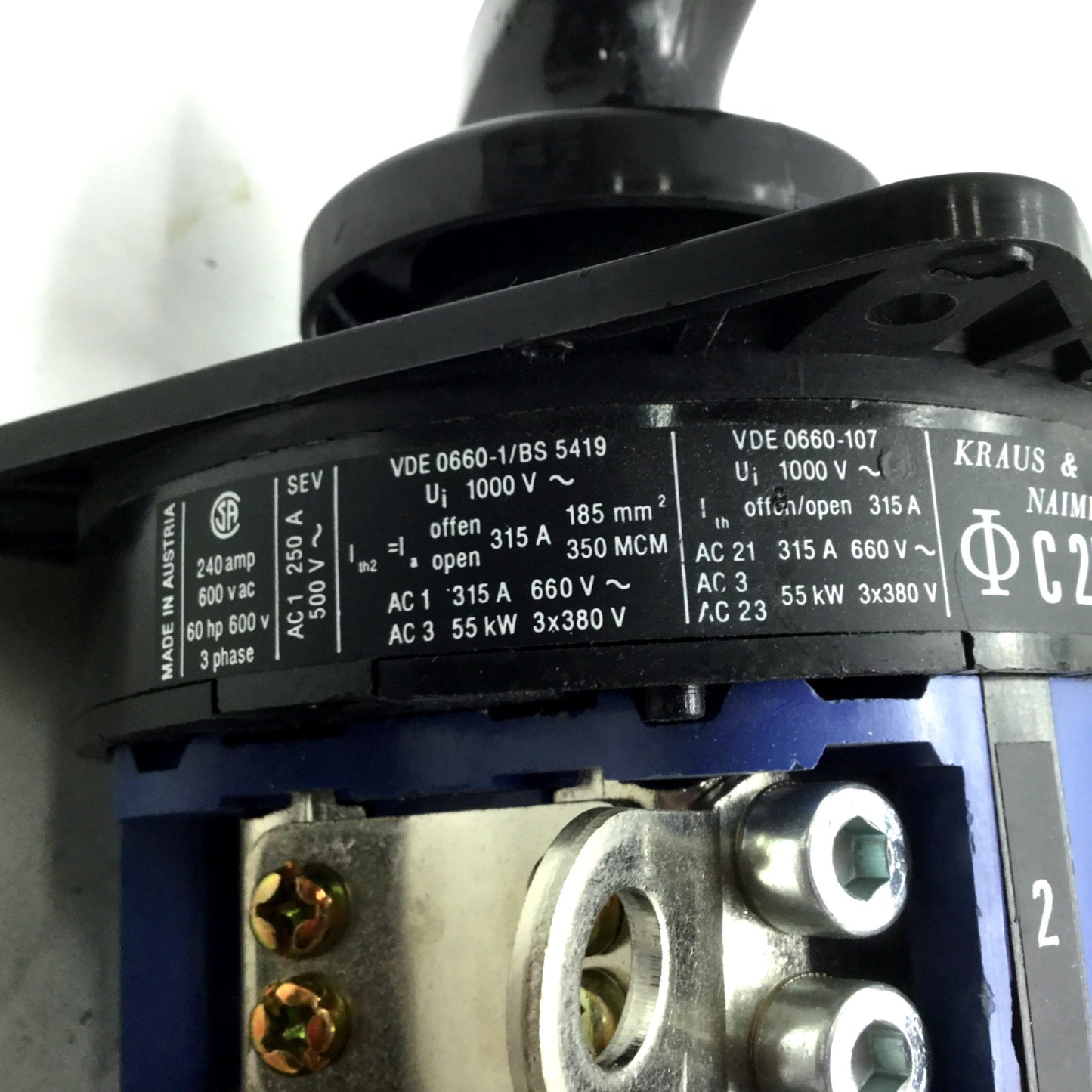 Used Kraus & Naimer C250 Rotary Switch, 240A, 600VAC 3-Phase 4 Wire 60 Hp