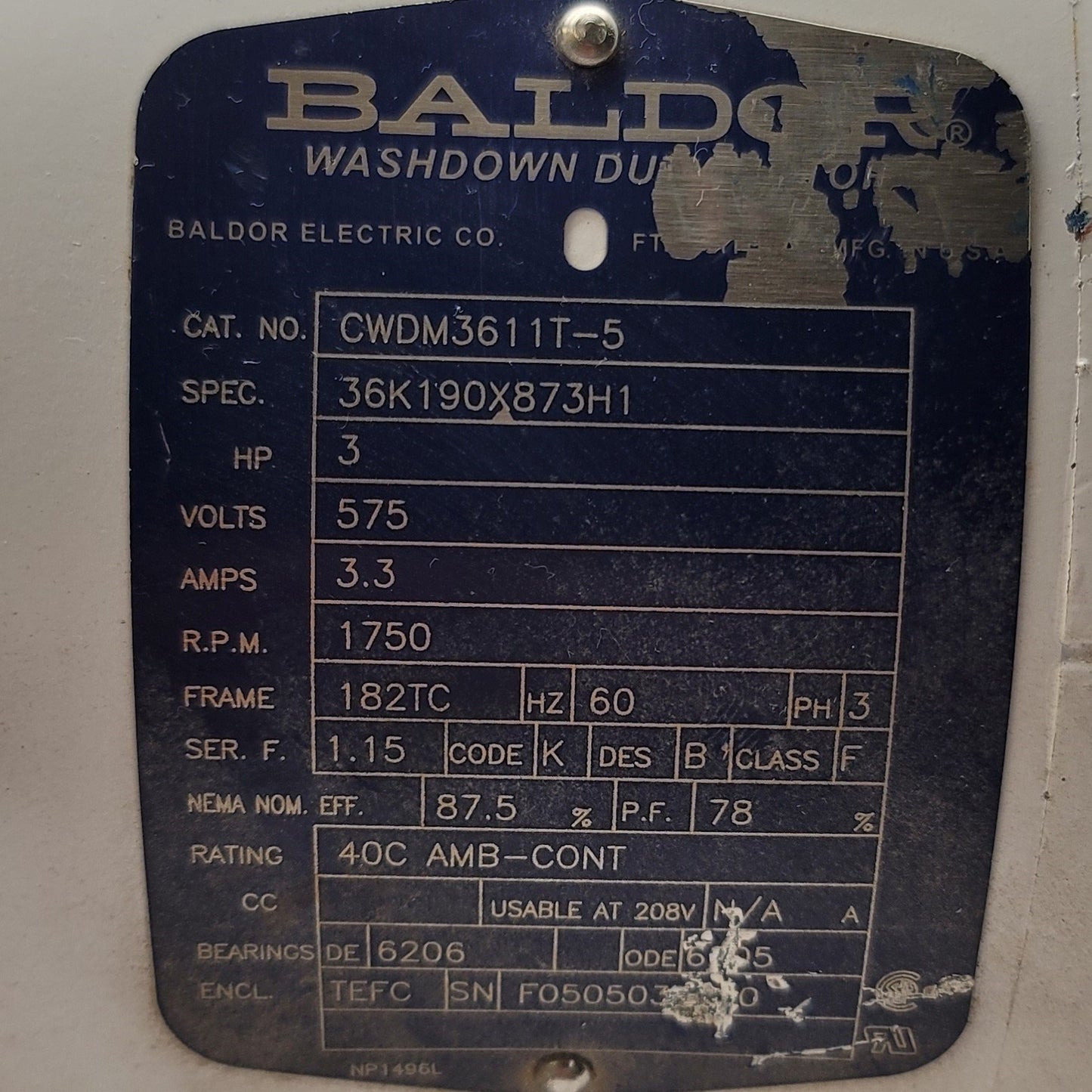 Used Baldor CWDM3611T Washdown Duty Motor 3HP, 575VAC 60Hz 3.3A, 1750RPM, 182TC Frame