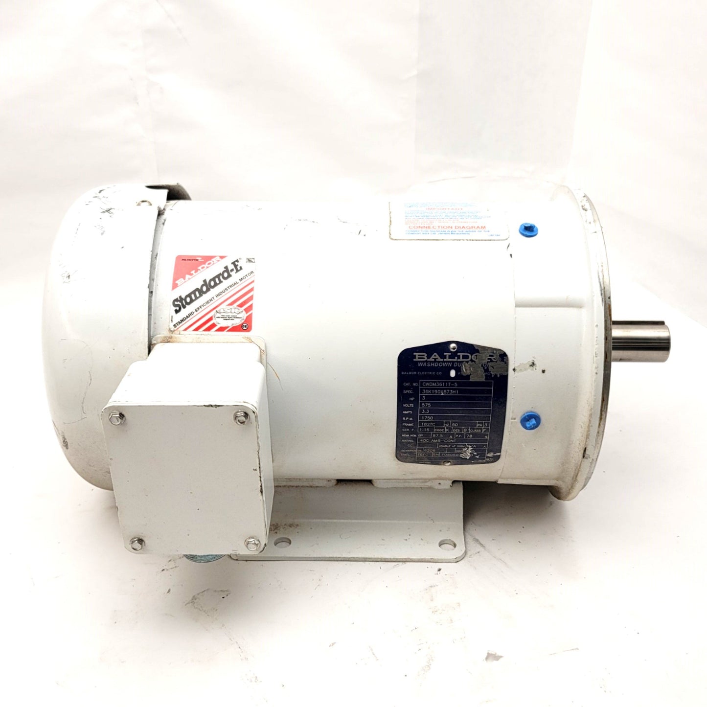 Used Baldor CWDM3611T Washdown Duty Motor 3HP, 575VAC 60Hz 3.3A, 1750RPM, 182TC Frame