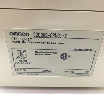 Used Omron C200HS-CPU01-E PLC CPU Module Unit, 100-120/200-240VAC *Missing Terminals*
