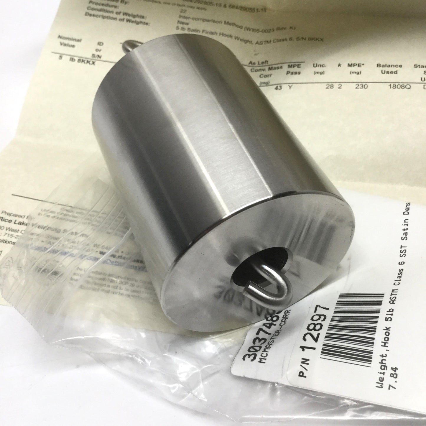 New – Open box Rice Lake 12897 Satin Finish Hook Weight SS, 5lb Calibration, Class 6, 7.84g/cm³