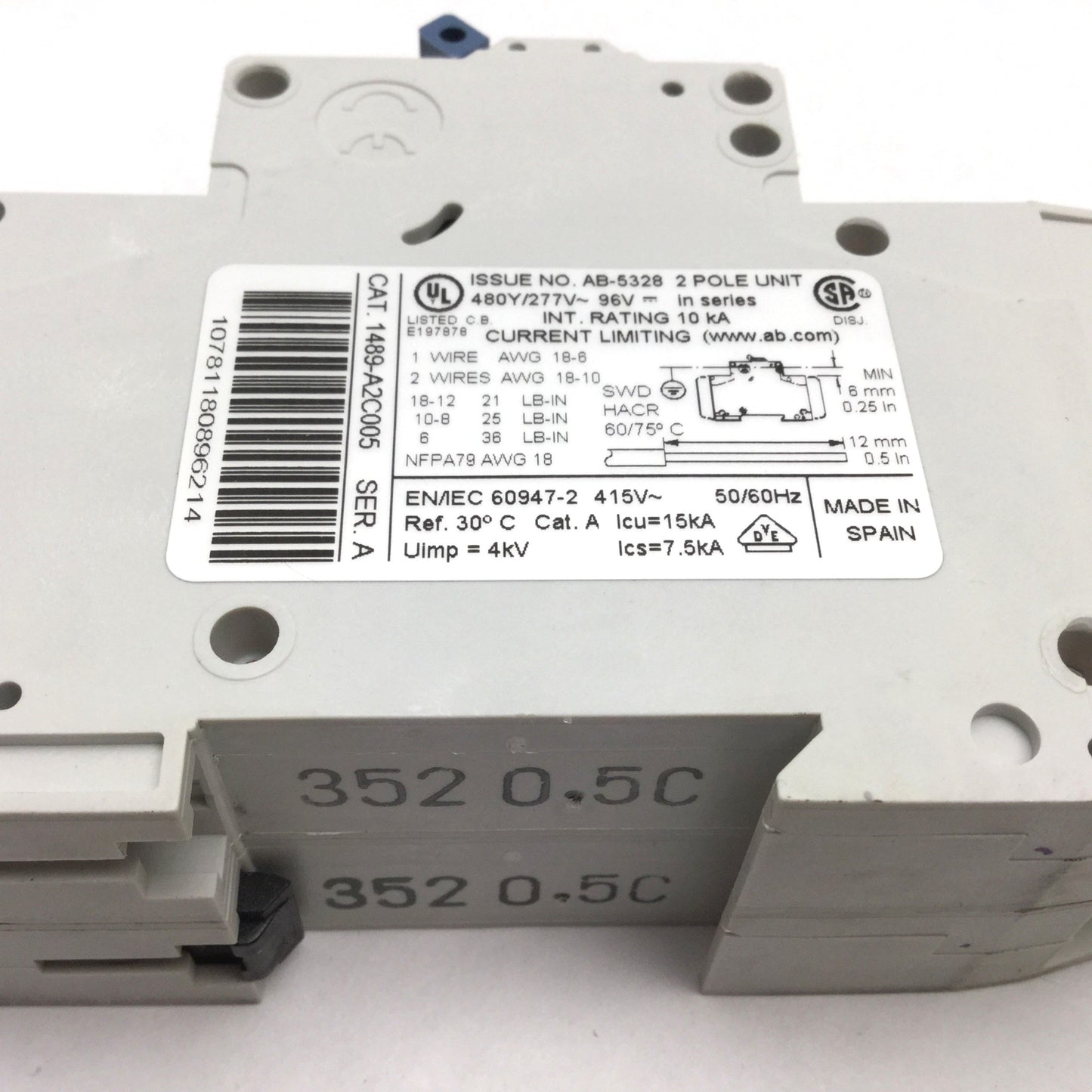 Used Allen Bradley 1489-A2C005 Circuit Breaker 2-Pole, Rating 480Y/277VAC/48VDC 0.5A
