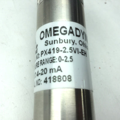 Used Omegadyne PX419-2.5VI-EH Pressure Transducer, 4-20mA Current Output, 0-2.5psi