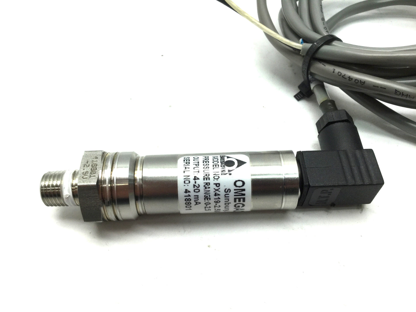 Used Omegadyne PX419-2.5VI-EH Pressure Transducer, 0-2.5psi, 4-20mA, Cable: 3m