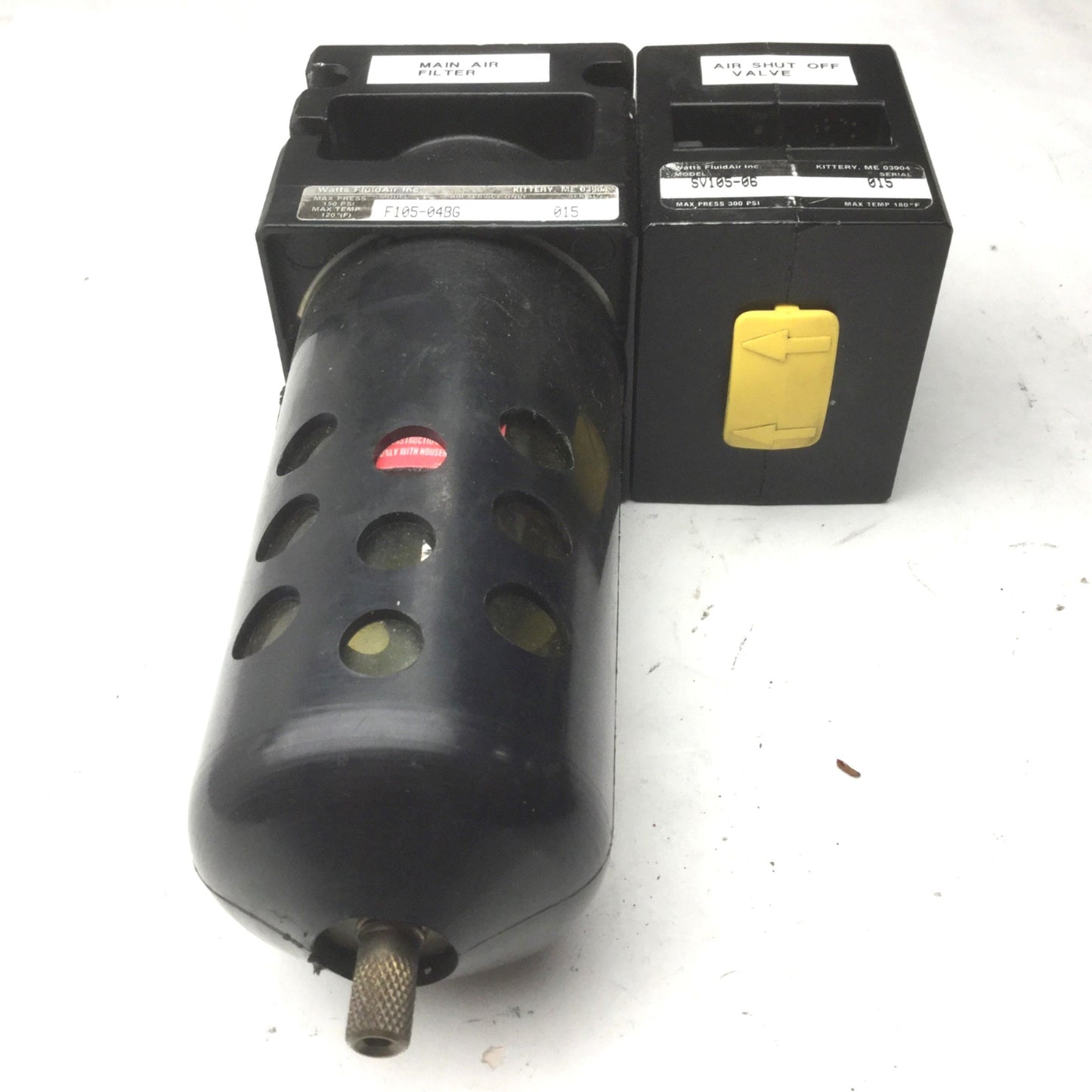 Used Parker Watts F105-04BG Pneumatic Filter, 1/2" NPT Ports, 5 Micron SV105-06 Valve