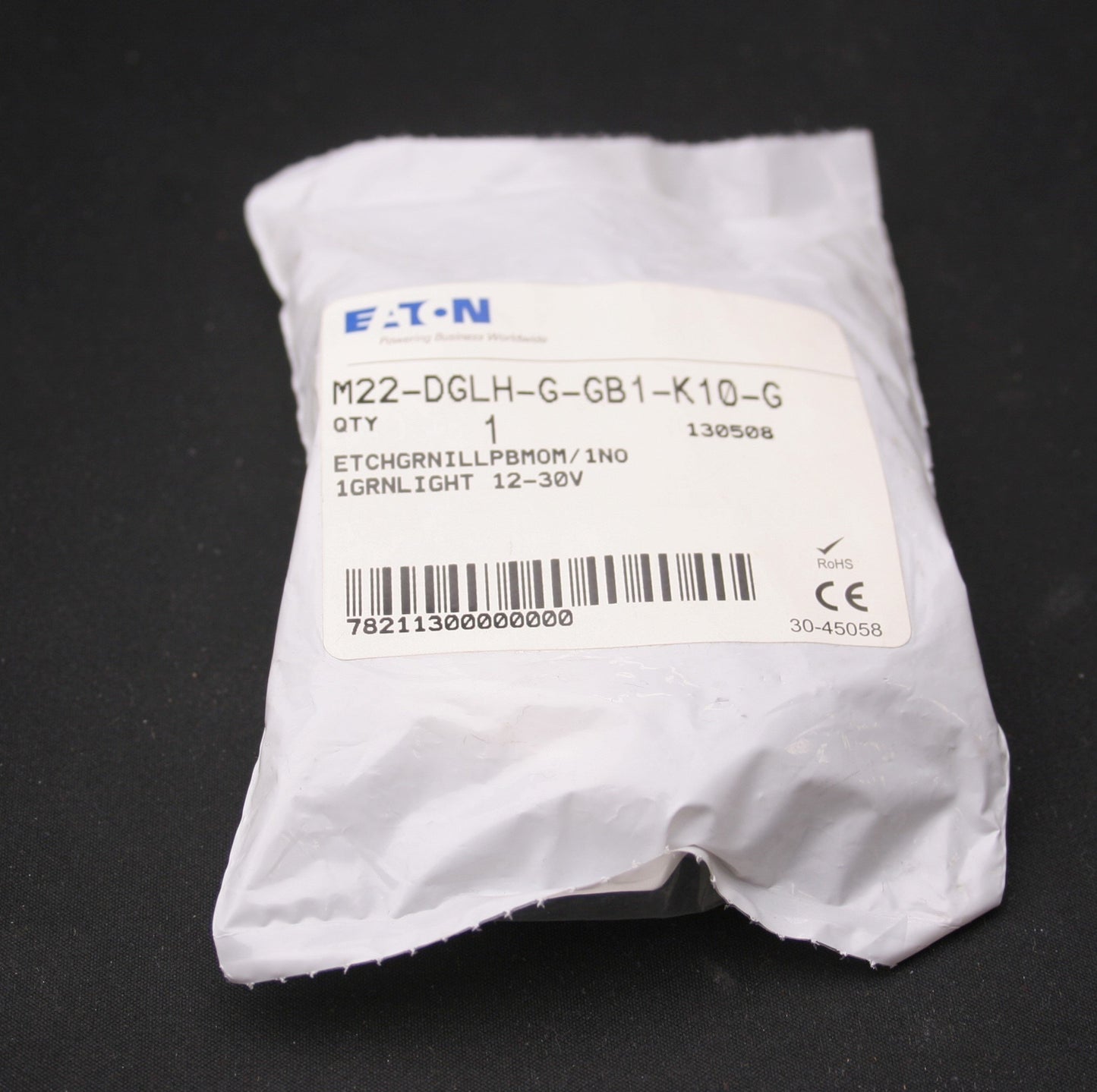 New Eaton M22-DGLH-G-GB1-K10-G Pushbutton Switch, Green, 12-30VAC/DC, 1NO, 22.5mm