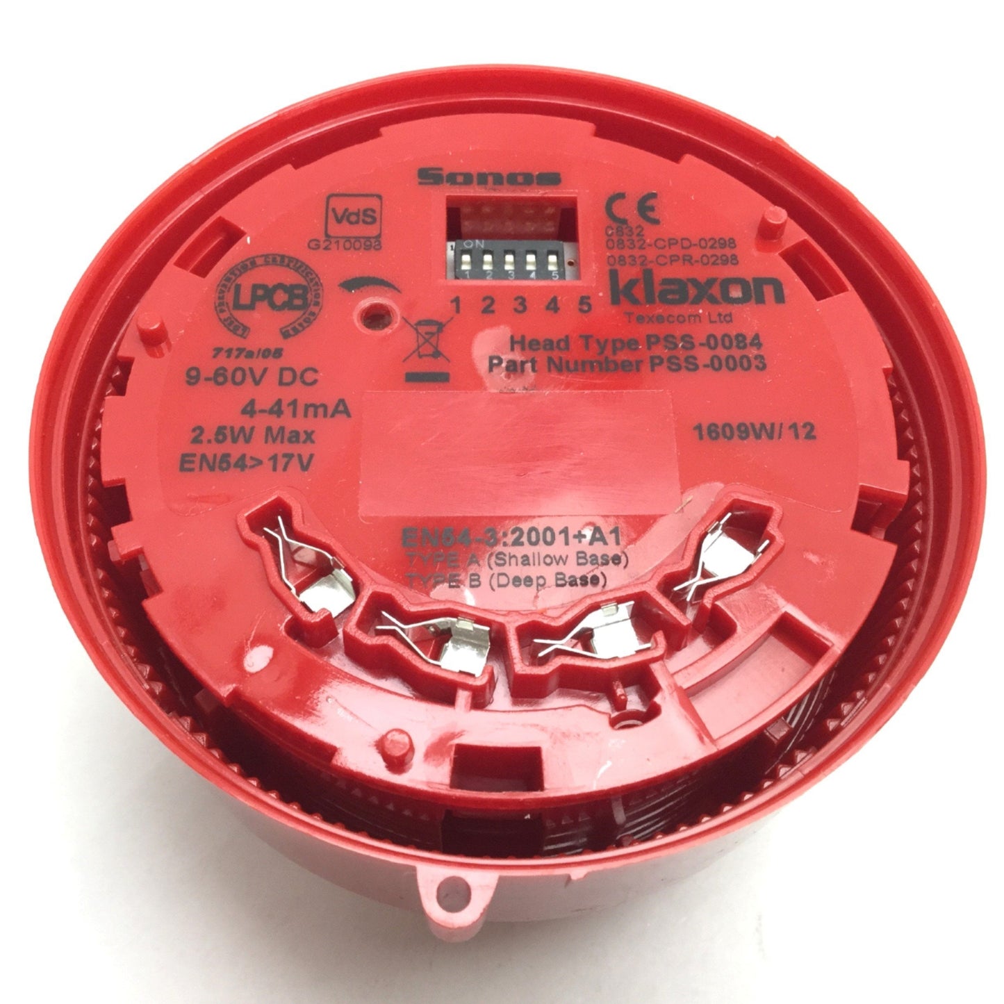 Used Sonos Klaxon PSS-0084 Sounder Alarm, 9-60VDC 4-41mA 2.5W, 106dB(A) W/ Base Plate
