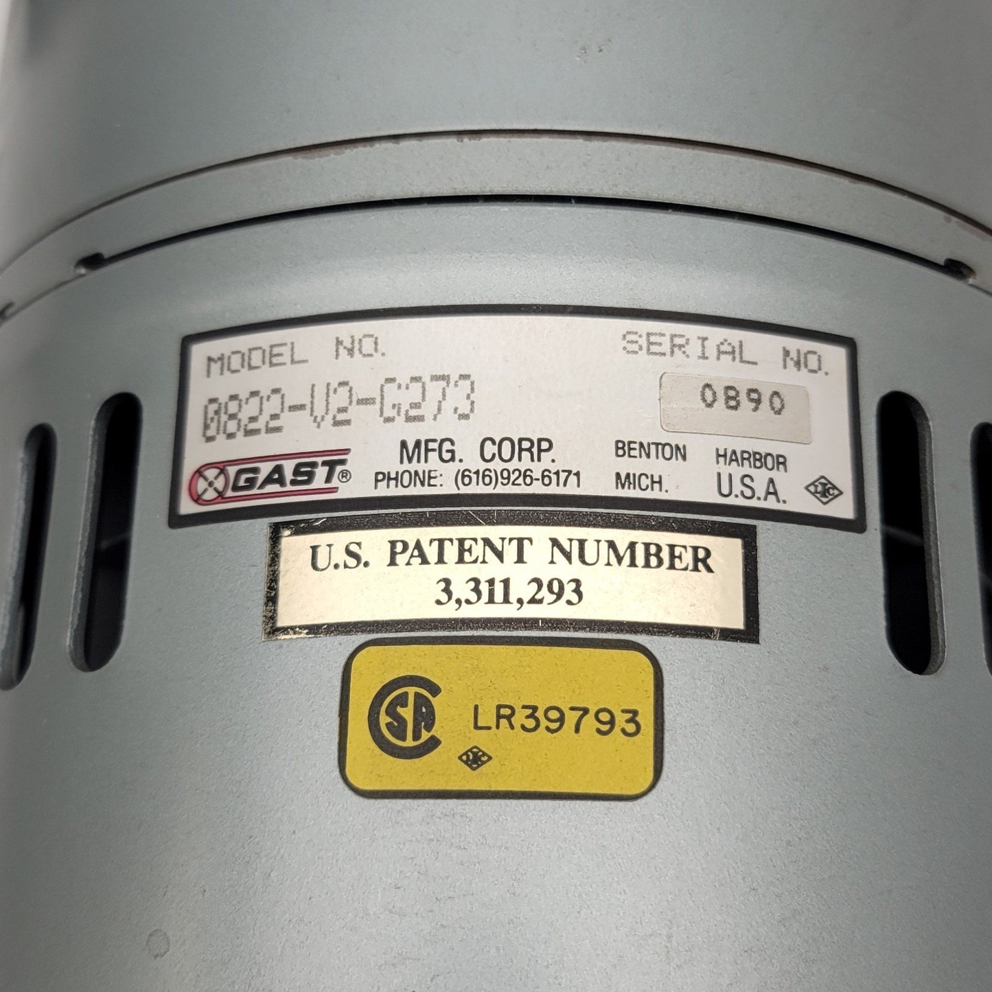 Used GAST 0822-V2-G273 Rotary Vane Vacuum Pump 208-220/440VAC 3-Ph, 1/2HP, 23in.Hg