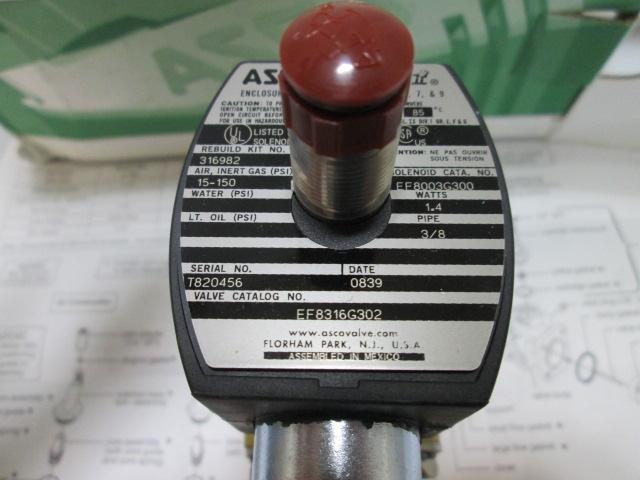 New ASCO EF8316G302 Redhat Air Inert Gas 3-Way NC Solenoid Valve, 24VDC Coil, 3/8"