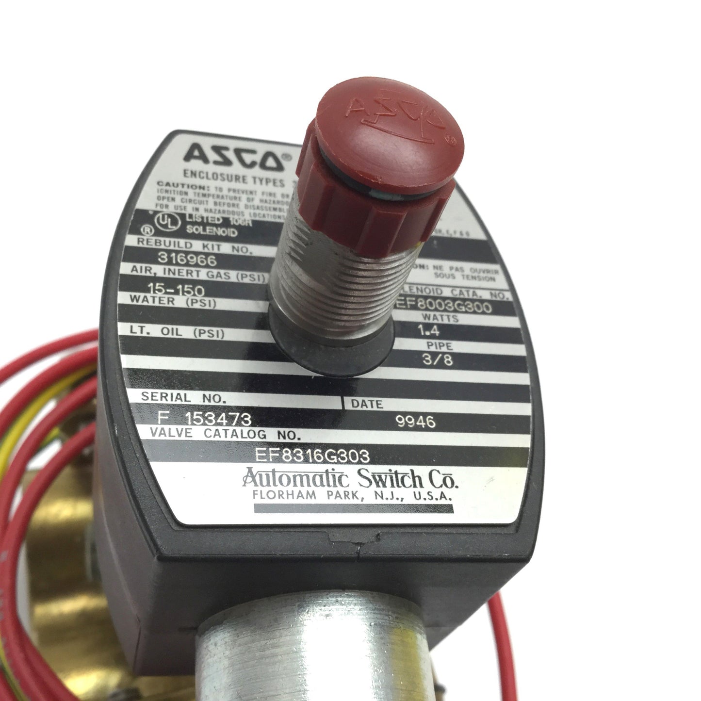 Used Asco Red-Hat EF8316G303 Solenoid Valve, Pressure: 15-150psi, Ports: 3/8" NPT