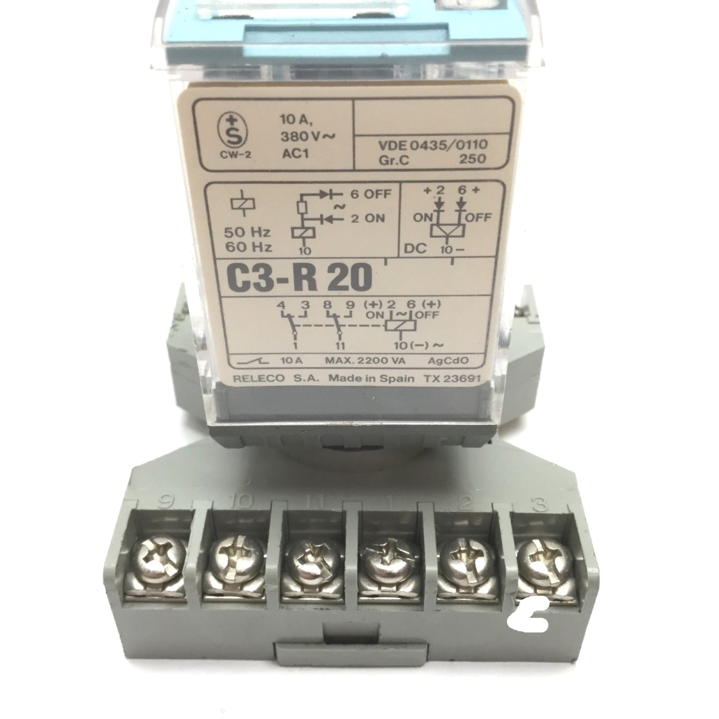Used Releco C3-R20 Ice Cube Relay, DPDT, Coil: 12VDC, Rating: 10A 380VAC, With Socket