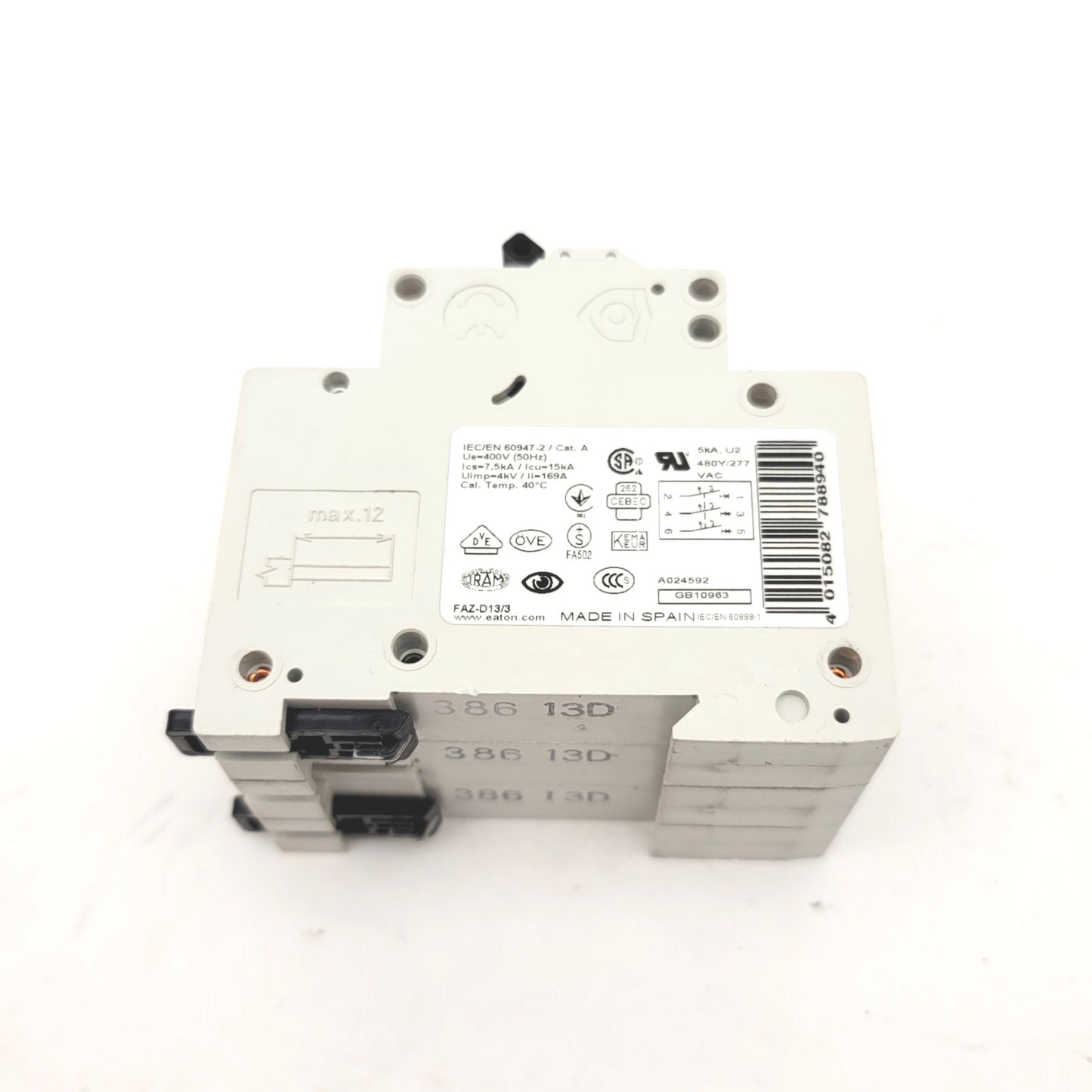 Used EATON FAZ-D13/3 Miniature Circuit Breaker, DIN Mount, 3-Pole, 13A, 277/480V AC