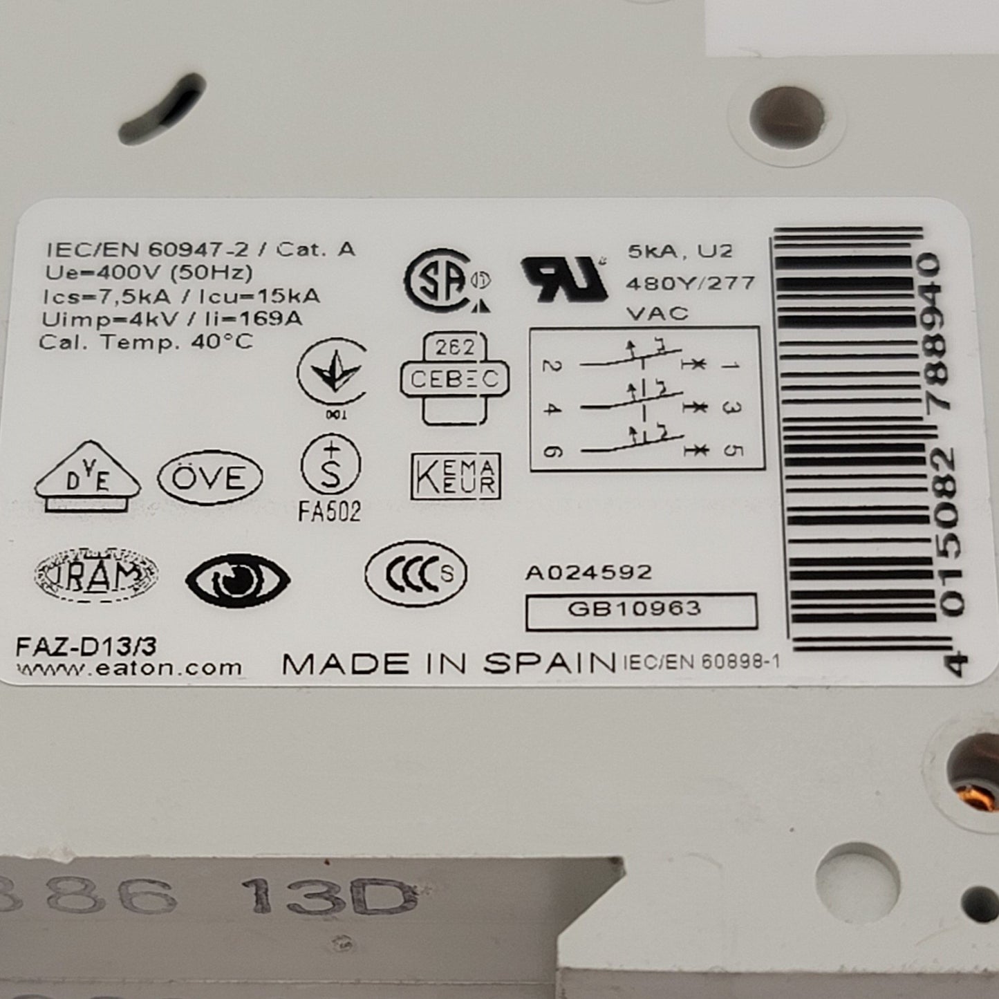 Used EATON FAZ-D13/3 Miniature Circuit Breaker, DIN Mount, 3-Pole, 13A, 277/480V AC