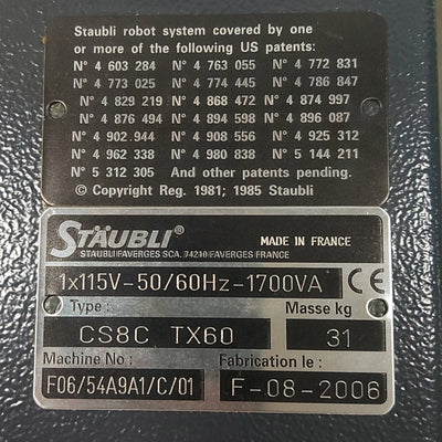 Used Staubli CS8C-TX60 Robot Controller, RPS, ARPS, RSI, Profibus, 115VAC 50/60Hz
