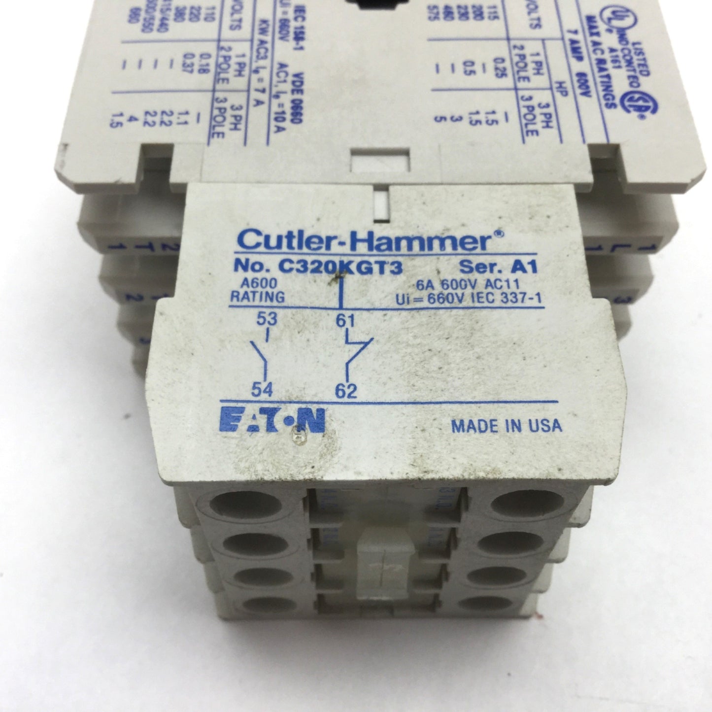 Used Eaton Cutler Hammer CE15ANS3 Contactor, 3-Pole, Coil 110/120VAC, W/ C320KGT3 Aux