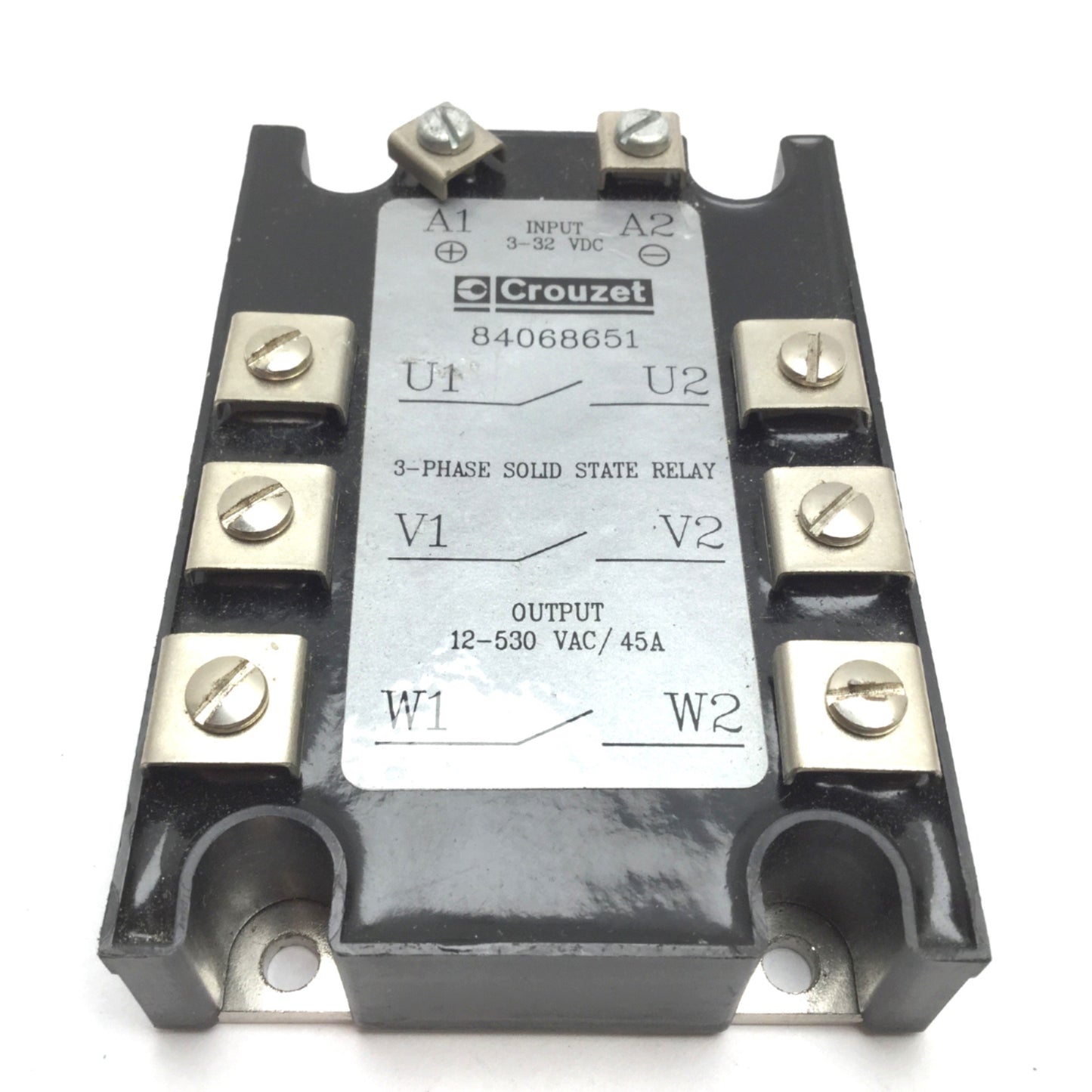 Used Crouzet 84068651 Solid State Relay, Input 3-32VDC, Output 12-530VAC 45A, 3-Phase