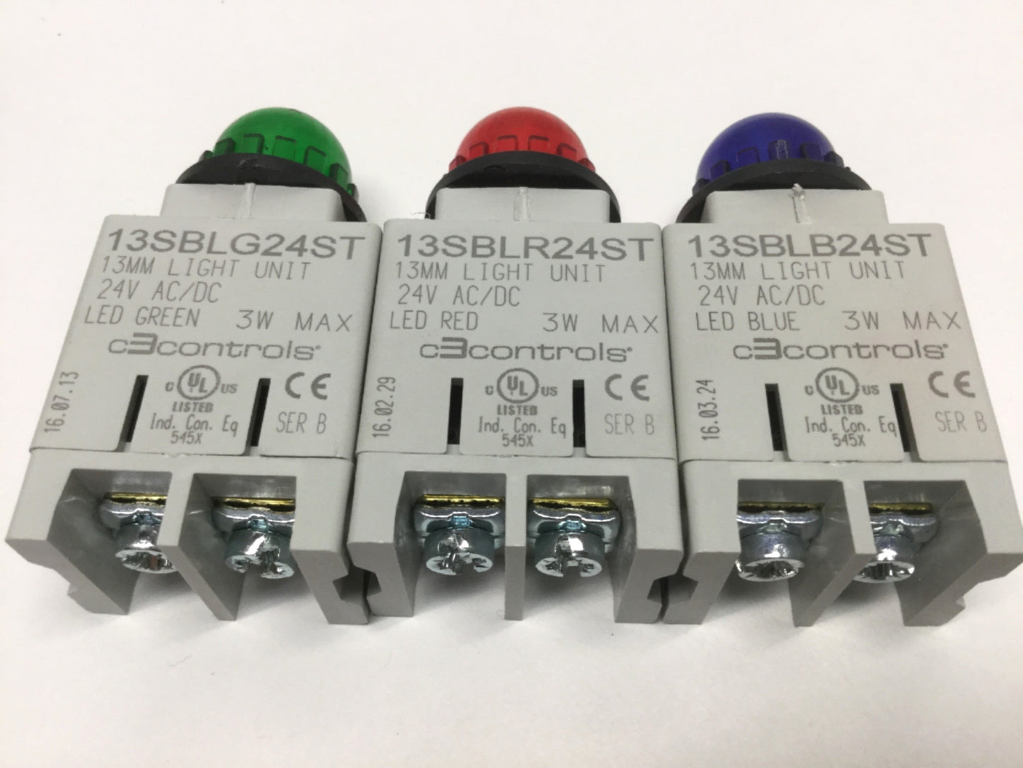Used C3controls Super Bright LED Indicator Light Units Red, Blue, & Green 24V AC/DC