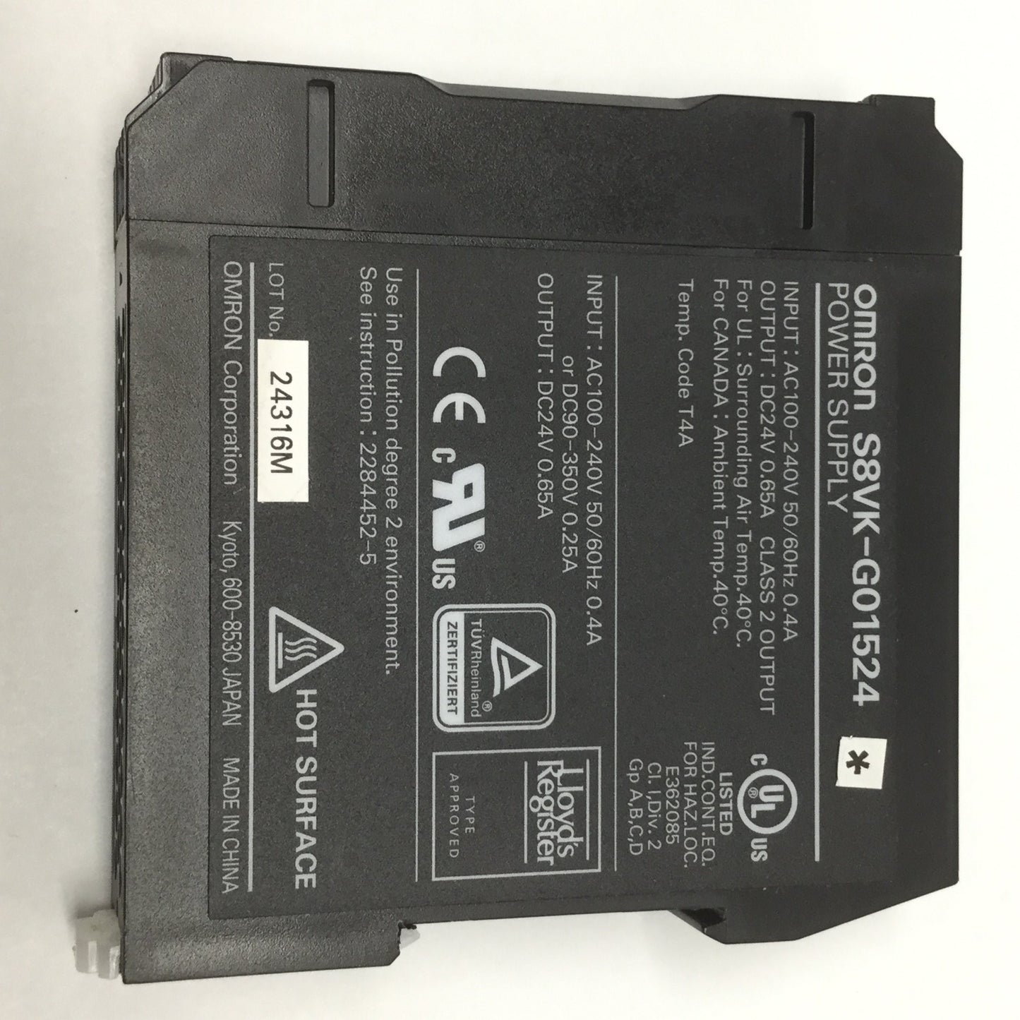 Used Omron S8VK-G01524 Switch Mode Power Supply 100-240VAC In, 24VDC 0.65A Out 15W
