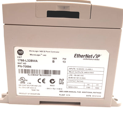 Used Allen Bradley 1766-L32BWA MicroLogix 1400 PLC CPU Controller, 120/240VAC