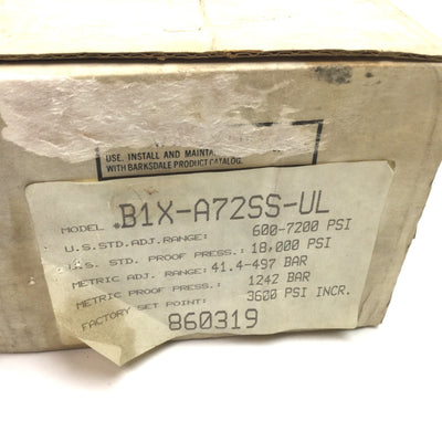 New Other Barksdale B1X-A72SS-UL Pressure Switch, Explosion Proof, 600 to 7200psi