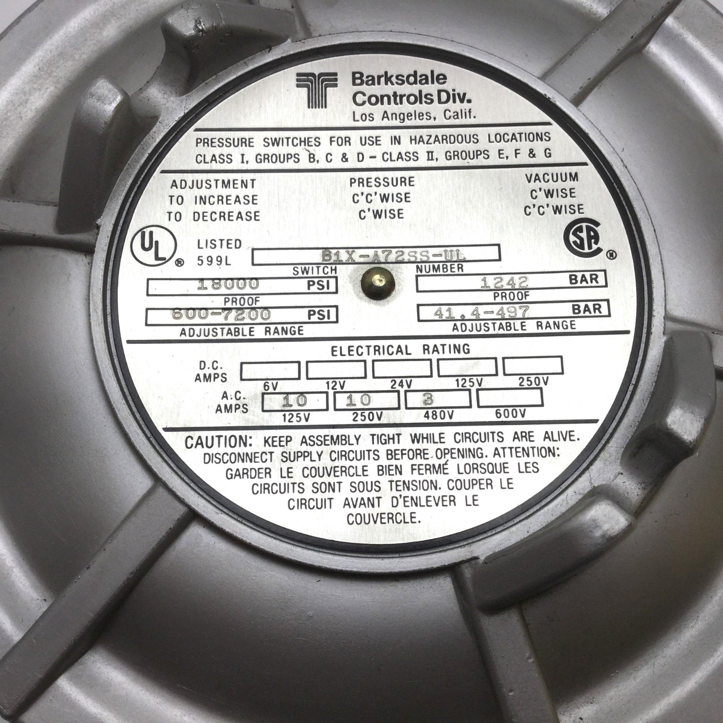 New Other Barksdale B1X-A72SS-UL Pressure Switch, Explosion Proof, 600 to 7200psi