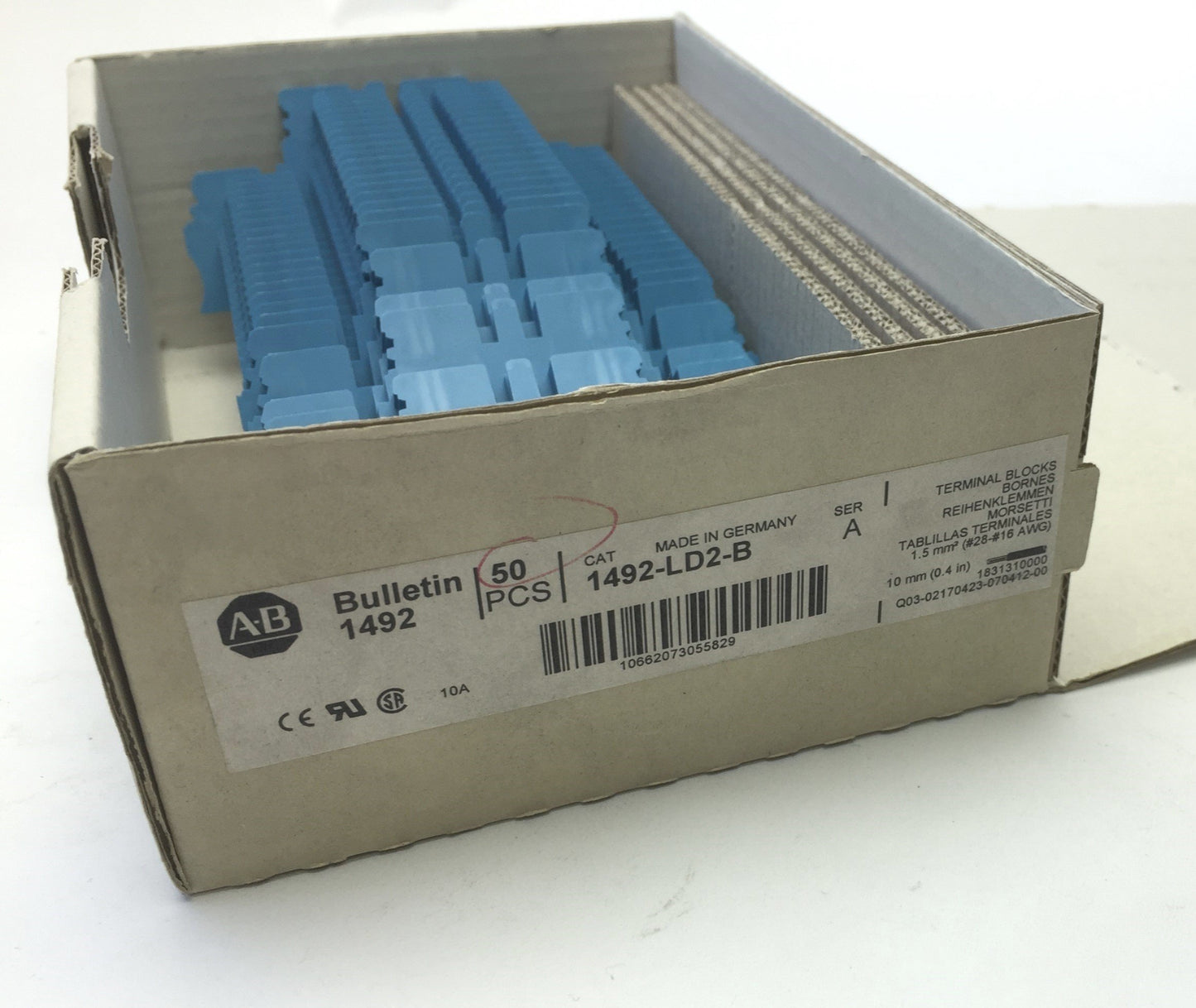 New – Open box Lot of 25 Allen Bradley 1492-LD2-B Feed-Through Blue Terminal Blocks, 600V 10A