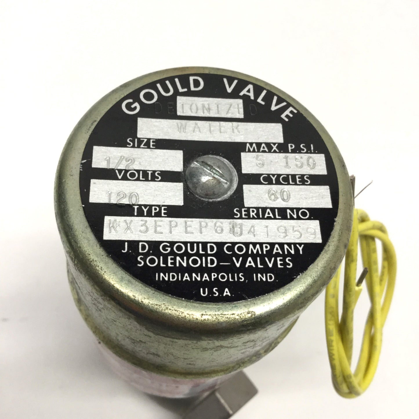 Used Gould Valve KX3EPEP62 Deionized Water Solenoid Valve, 5-150psi, 1/2" NPT, 120VAC