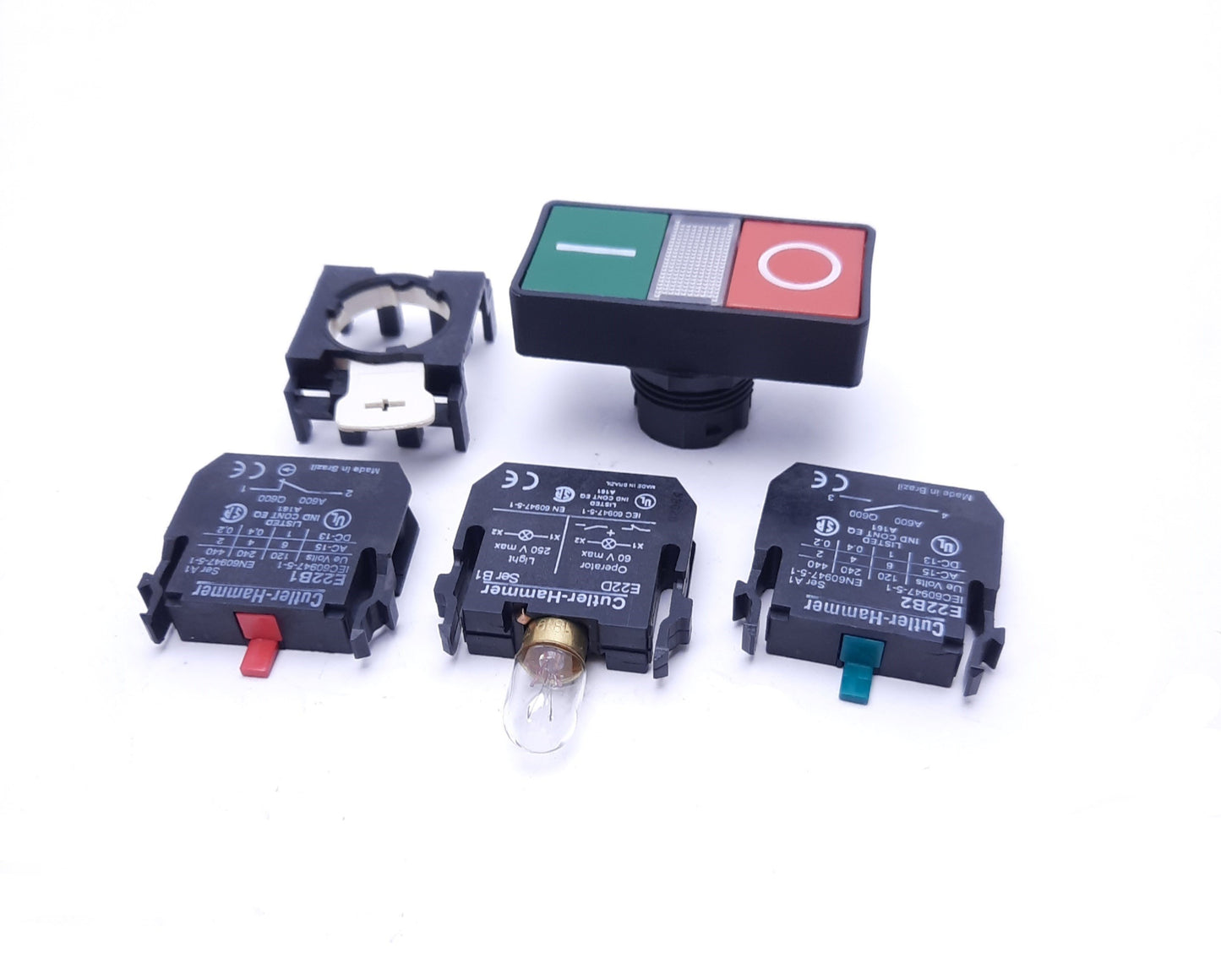 Used Cutler Hammer Double-Headed Pushbutton: x1 E22B1(R), E22B2(G), and E22D2 Blocks