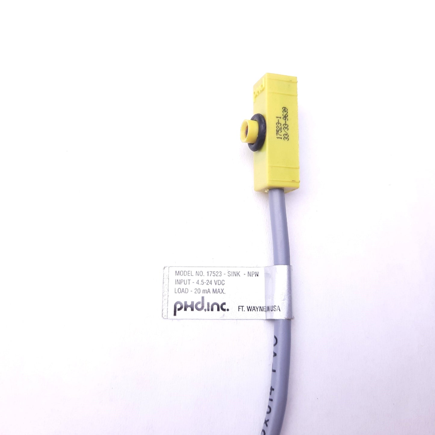 Used PHD 17523-1 Cylinder Switch Proximity Sensor, 3-Pin Male, 4.5-24VDC, 20 mA Max