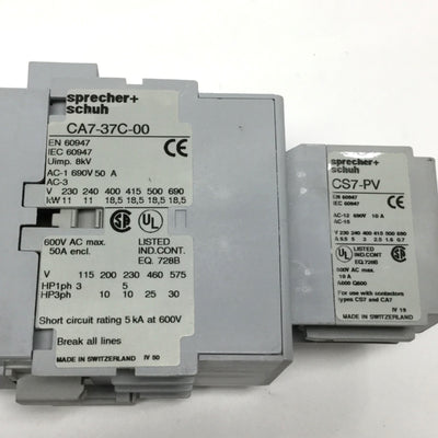 Used Sprecher+Schuh CA7-37C-00 Contactor 3-Pole 24VDC Coil w/Auxiliary Blocks 2NO-1NC