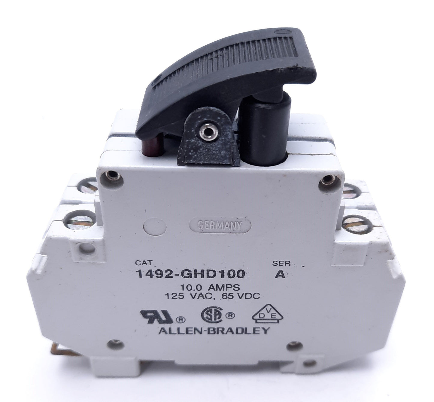 Used Allen-Bradley 1492-GHD100 Ser A Circuit Breaker, 10A, 125 VAC, 65 VDC