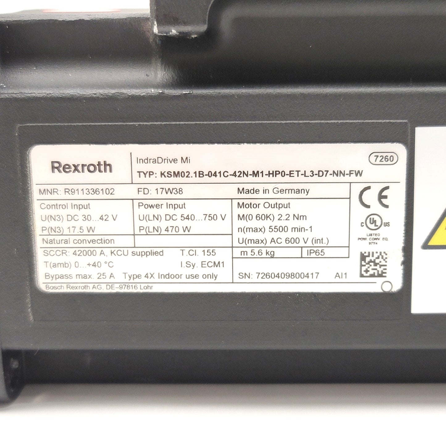 Used Rexroth IndraDrive KSM02.1B-041C-42N-M1-HP0-ET-L3-D7-NN-FW 540-750VDC, NEMA 34