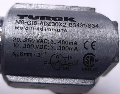 Used Turck Ni8-G18-ADZ30X2-B3431/S34 Inductive Proximity Sensor 20-250VAC 10-300VDC