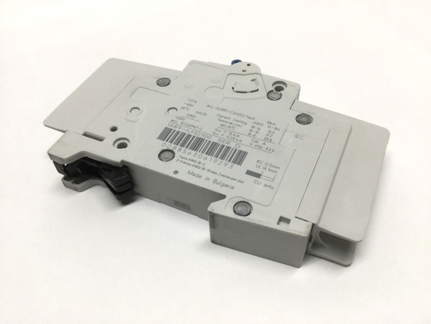 Used Allen Bradley 1489-M1D100 Miniature Circuit Breaker 1-Pole, 10A, 277VAC, D Curve