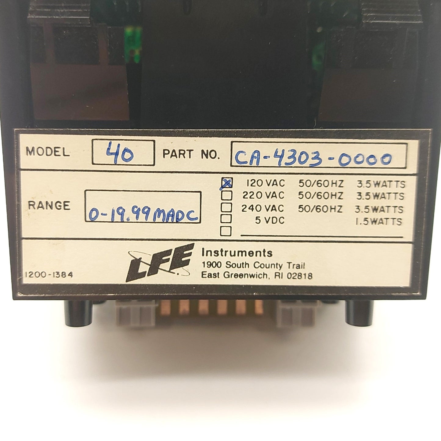 Used LFE CA-4303-0000 Model 40 Digital Panel Meter, 4 Digit, 0-20mA Input, 120VAC