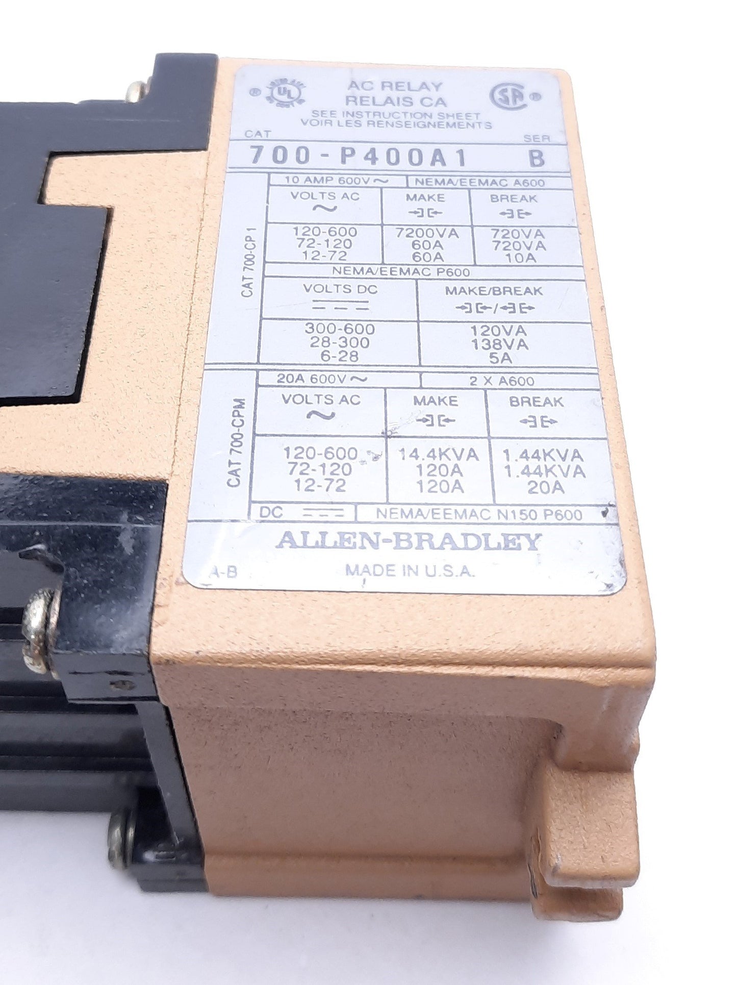 Used Allen-Bradley 700-P400A1 Series B General Purpose Relay 115-120VAC Coil Voltage