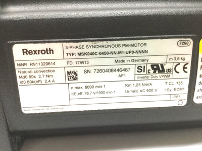 Used Rexroth R911320614 IndraDyn 3-Phase Synchronous Servo PM-Motor, 2.7Nm, 6000RPM