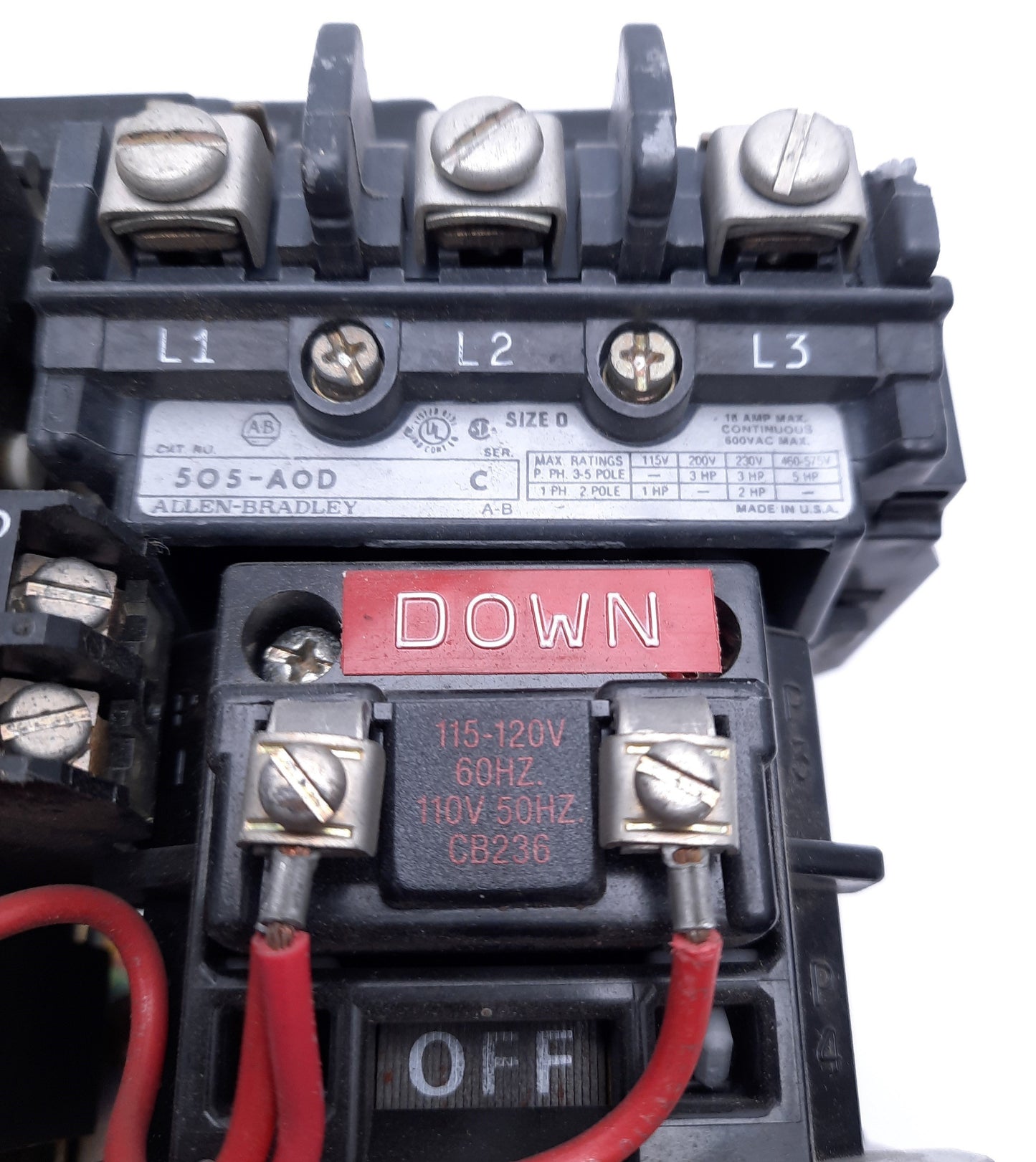 Used Allen-Bradley 505-AOD NEMA Reversing Motor Starter Relay 600VAC 18A