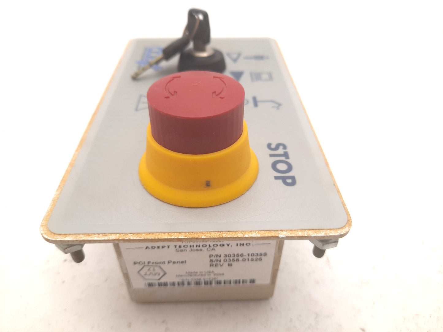 Used Adept 30356-10358 Rev B PCI Front Control Panel, E-Stop, Auto/Man On, Key Switch