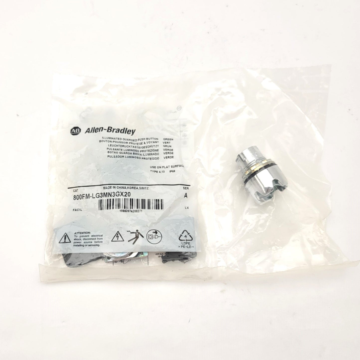New Allen Bradley 800FM-LG3MN3GX20 Illuminated Guarded Push Button, Green, 24V
