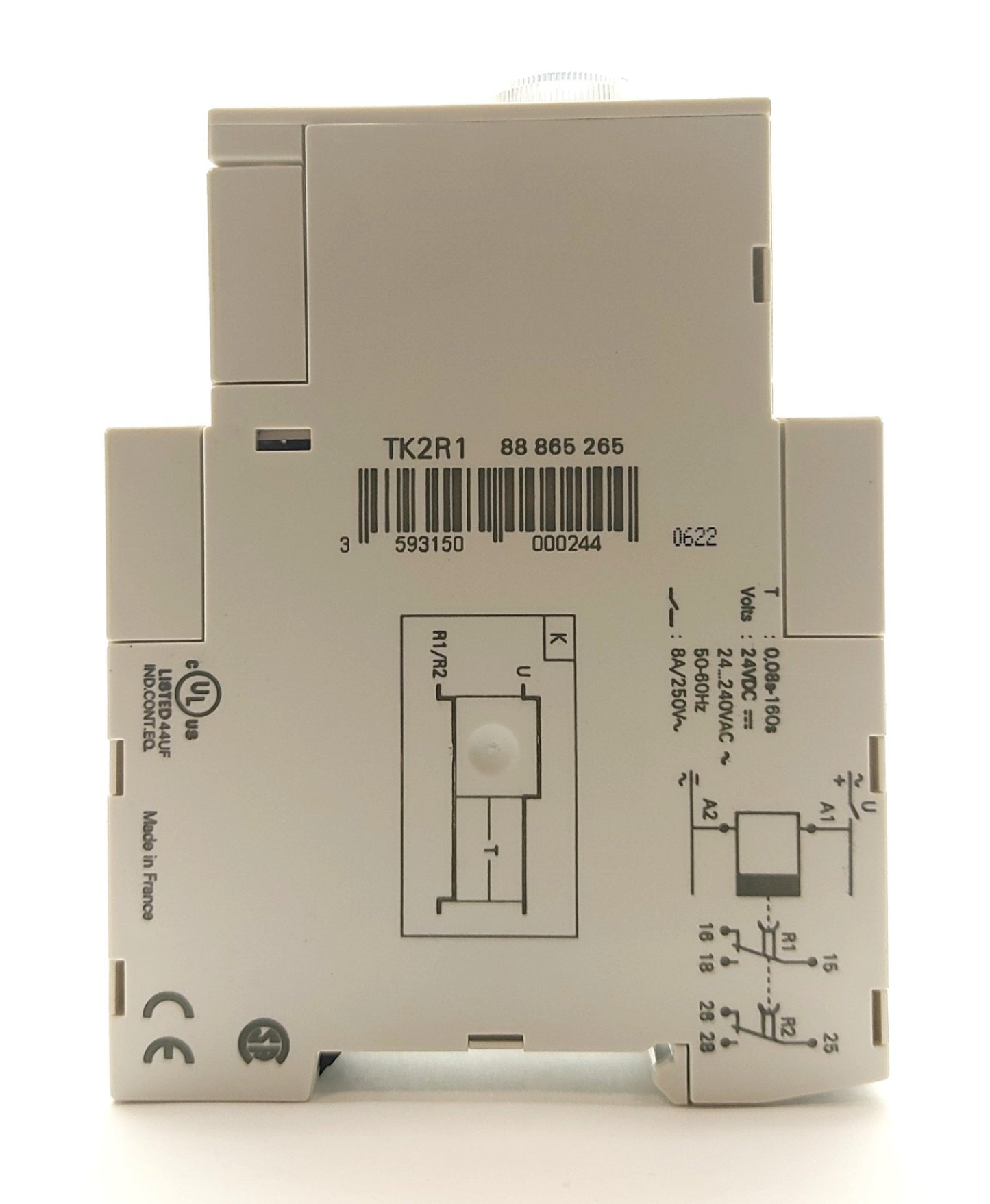 Used Crouzet TK2R1 Time Delay Relay, .08-160s, DPDT 240VAC 8A Contacts, 24VDC Coil